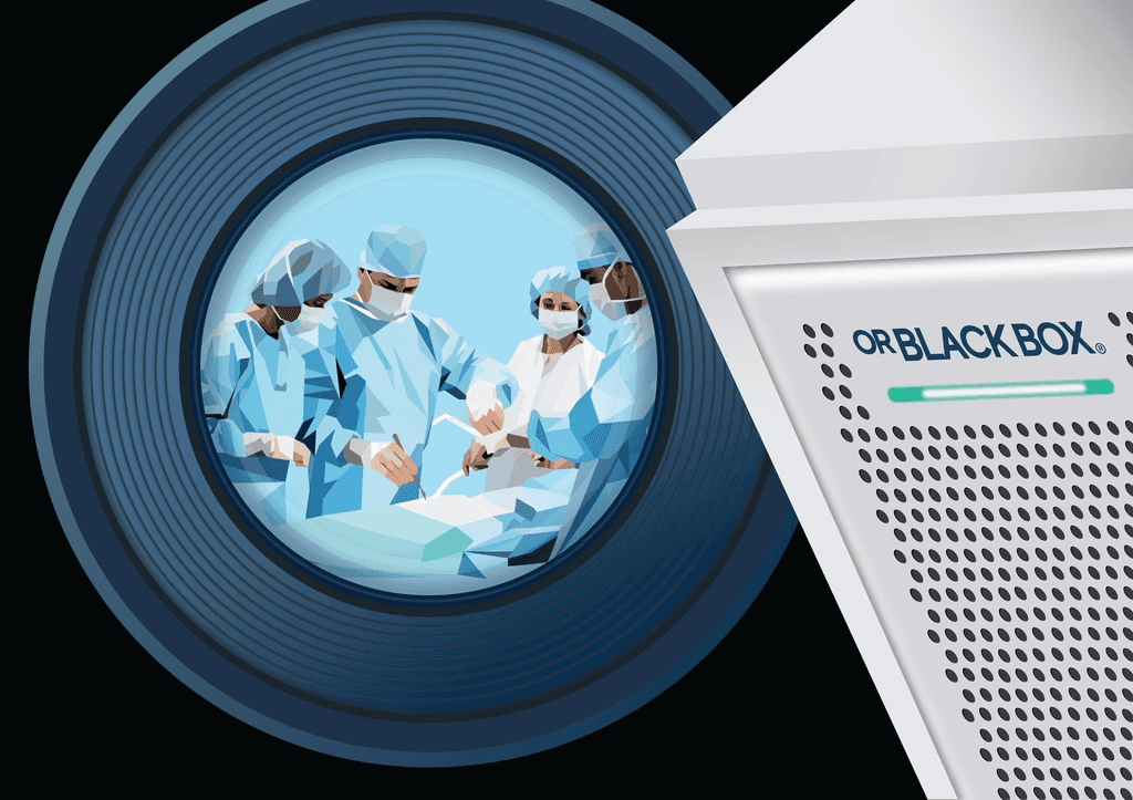 Cartoon image of an operating room with a camera and the OR Black Box