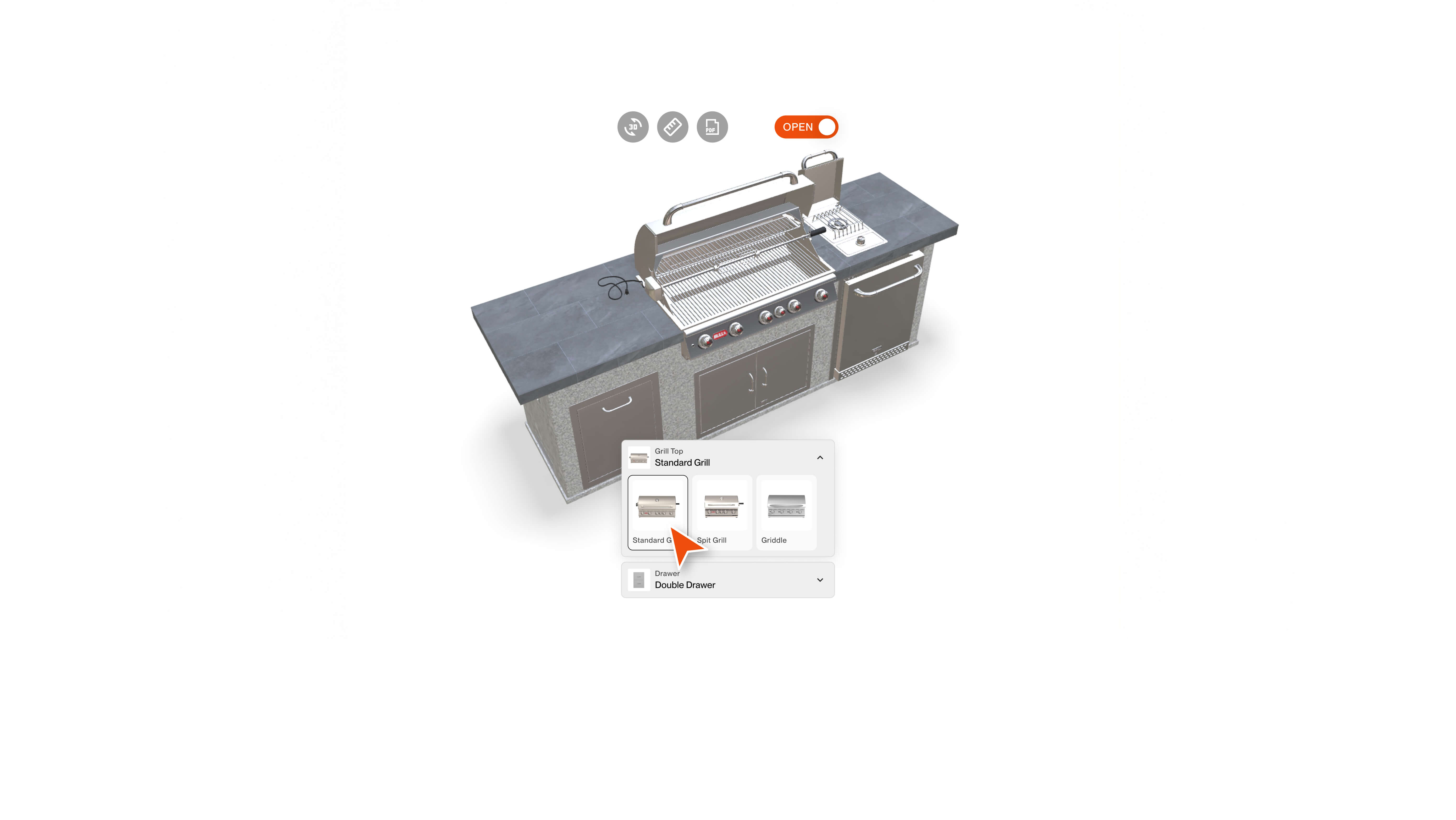 Custom grill configuration user interface with full 360° views and grill lid animating open and closed