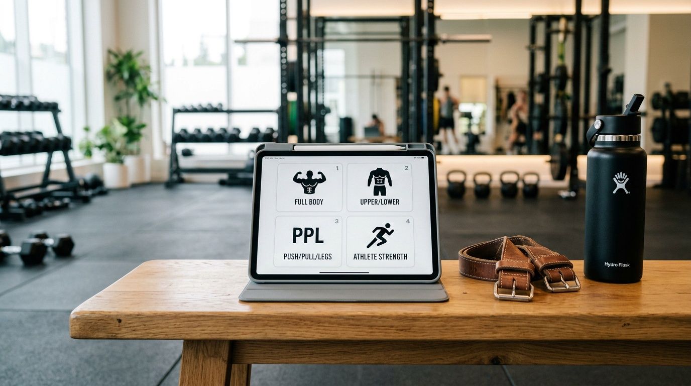 A digital tablet displaying various fitness workout programs sitting on a wooden bench in a gym.