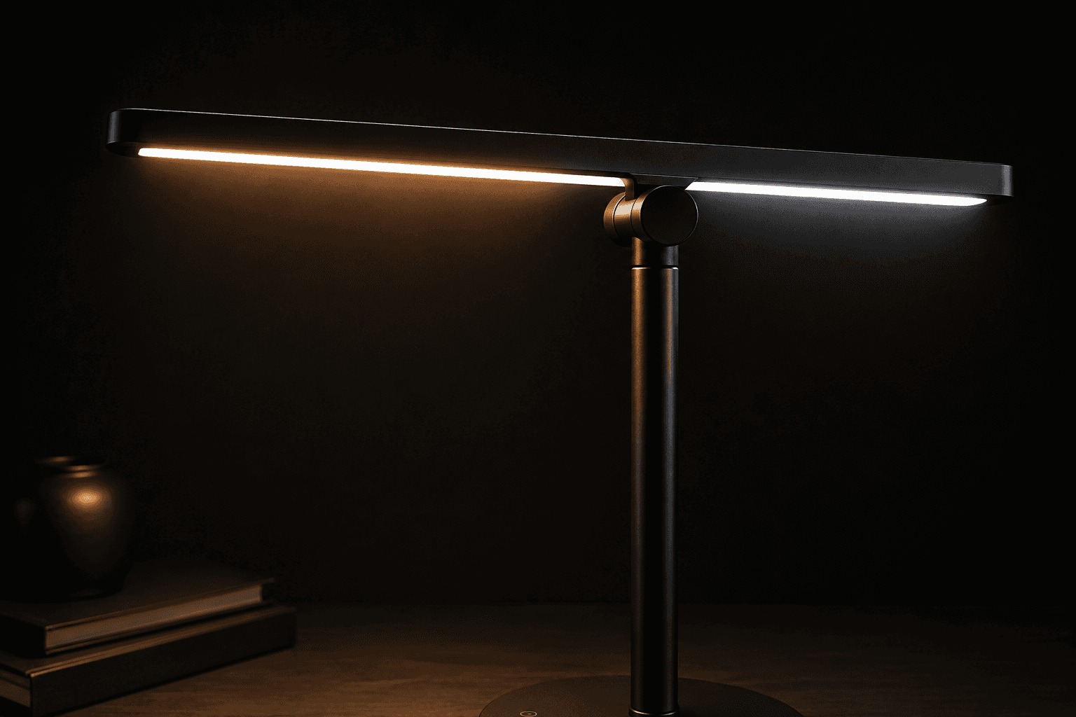 LUMEN smart desk lamp with a slim black design and warm ambient light.