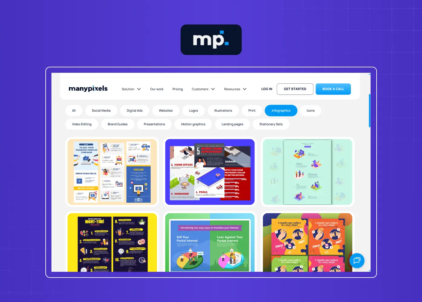Design portfolio displaying a wide range of infographic templates, visual assets, and marketing graphics in a categorized gallery.