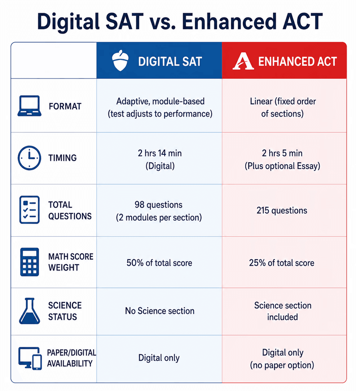 Comparison table of Digital SAT and Enhanced ACT showing format, timing, question count, math weight, science status, and digital availability.