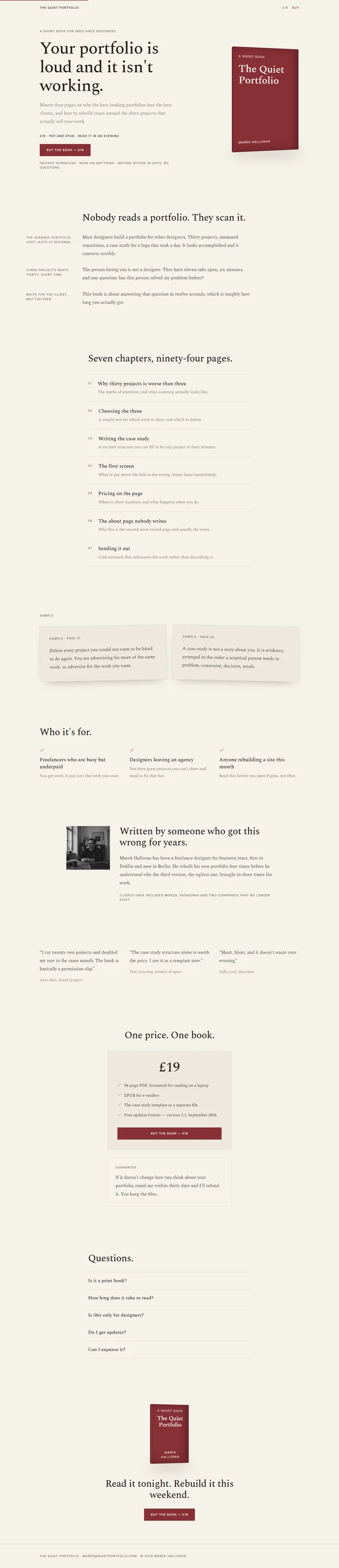 Full page of an AI-generated ebook landing page with book hero, chapter list, sample passages, pricing and guarantee