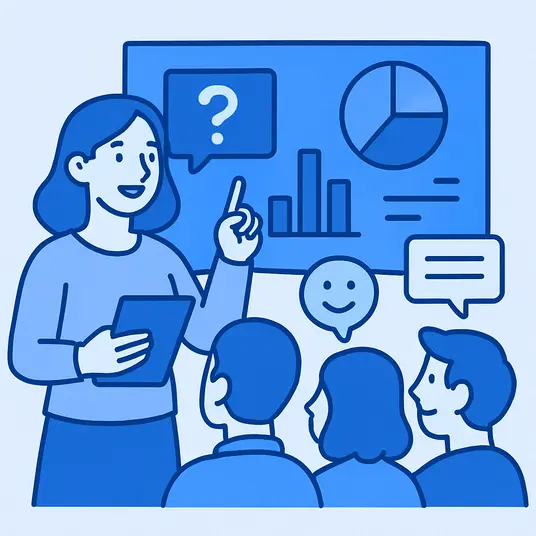 A flat-style digital illustration of a presenter engaging with an interactive audience using polls, questions, and visual cues on a screen.