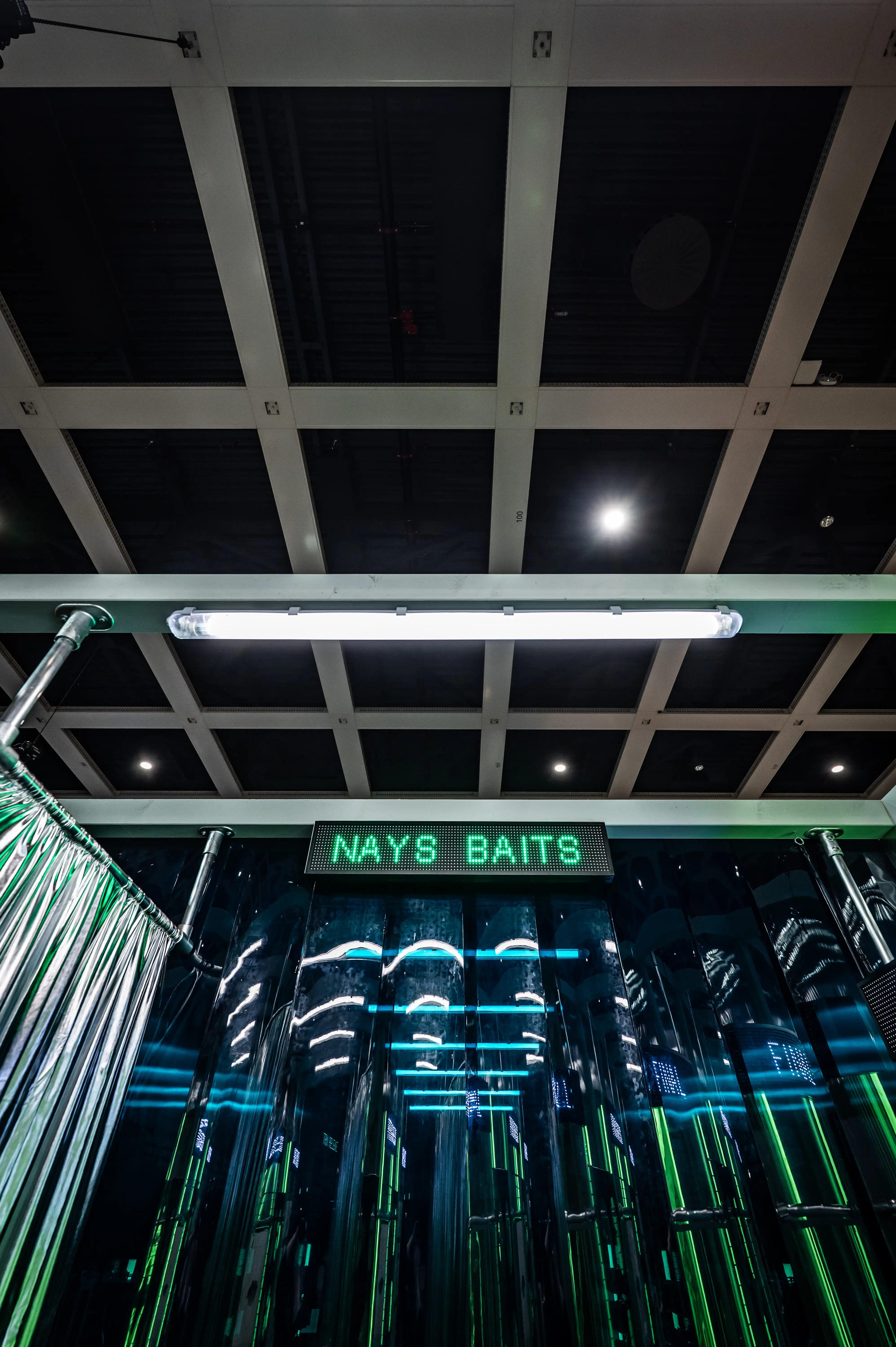 Green Nays Baits LED sign above shimmering metallic curtain in the dark coffered exhibition hall.