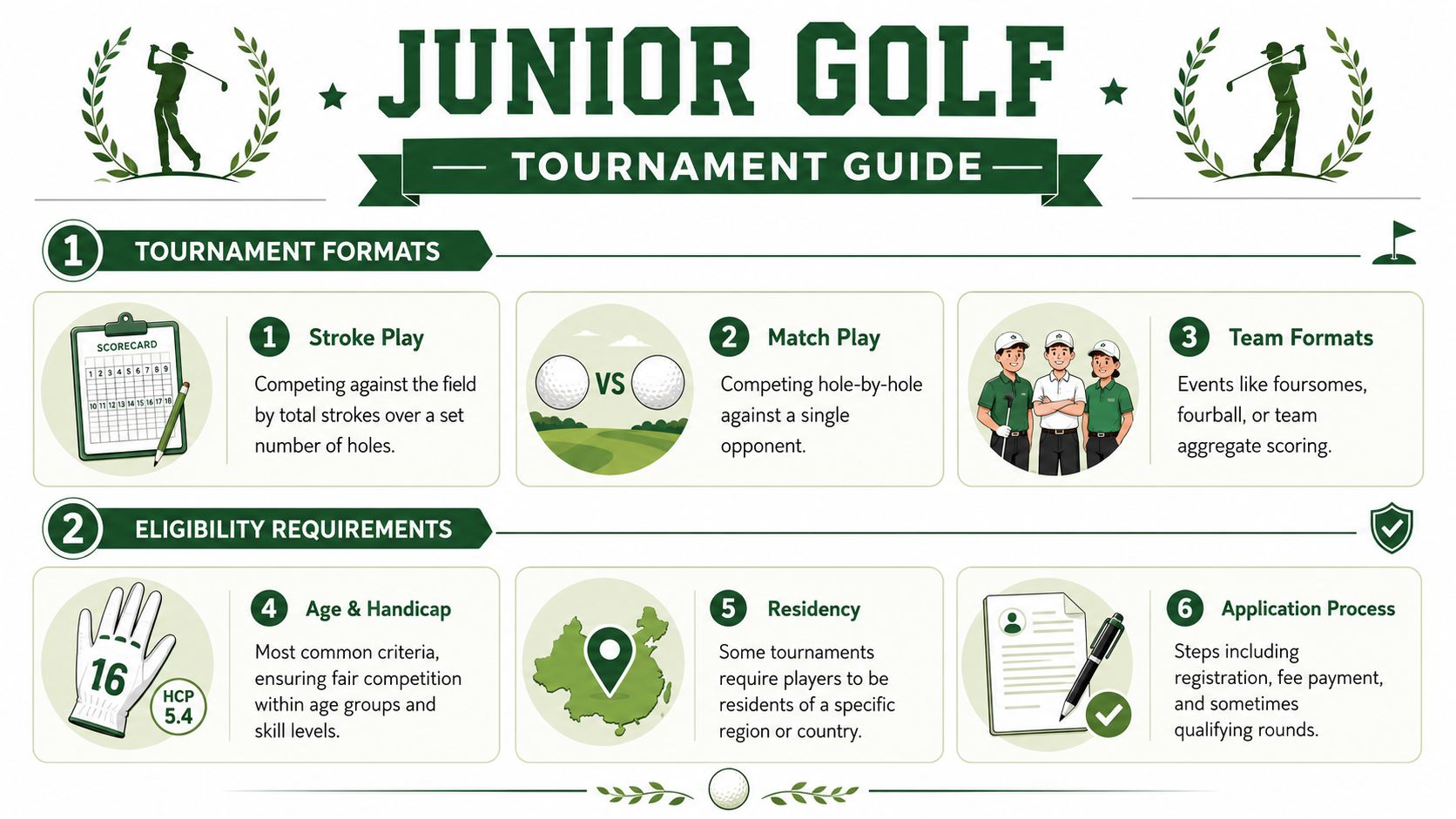 An infographic titled Junior Golf Tournament Guide explaining tournament formats and eligibility requirements for young players.