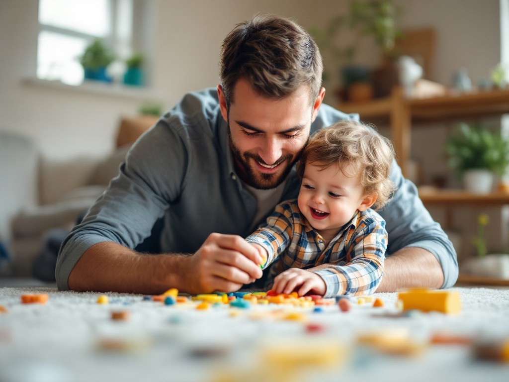 A father and son playing with toys on the floor.