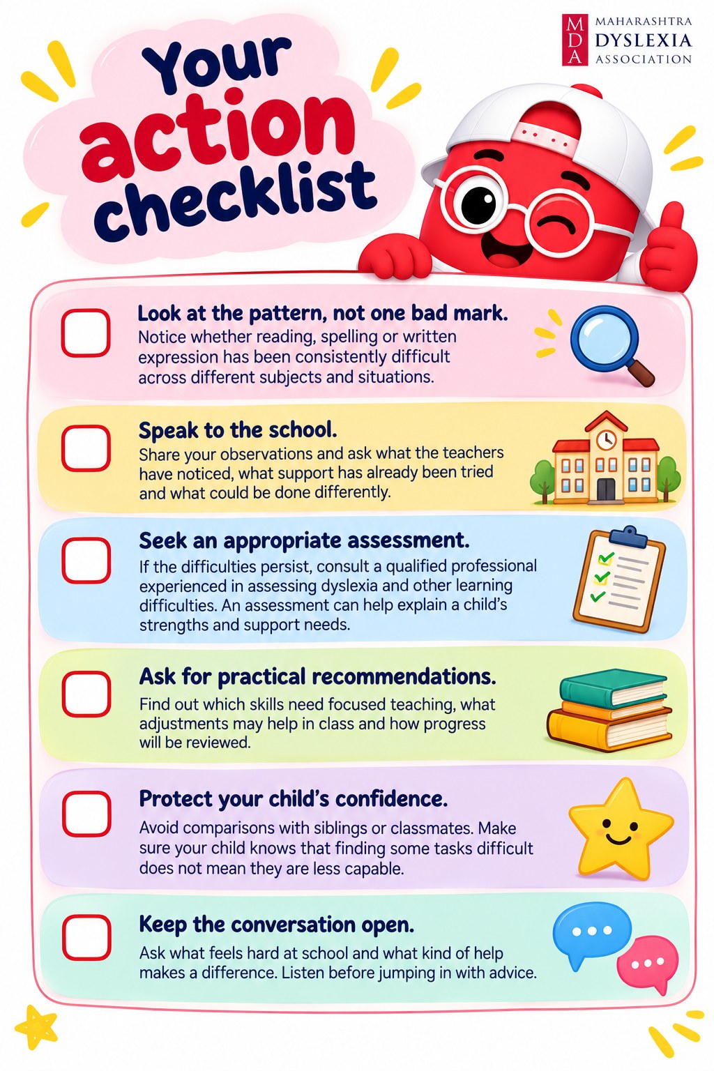 Infographic: Your action checklist. Look at the pattern, not one bad mark; speak to the school; seek an appropriate assessment; ask for practical recommendations; protect your child's confidence; keep the conversation open.
