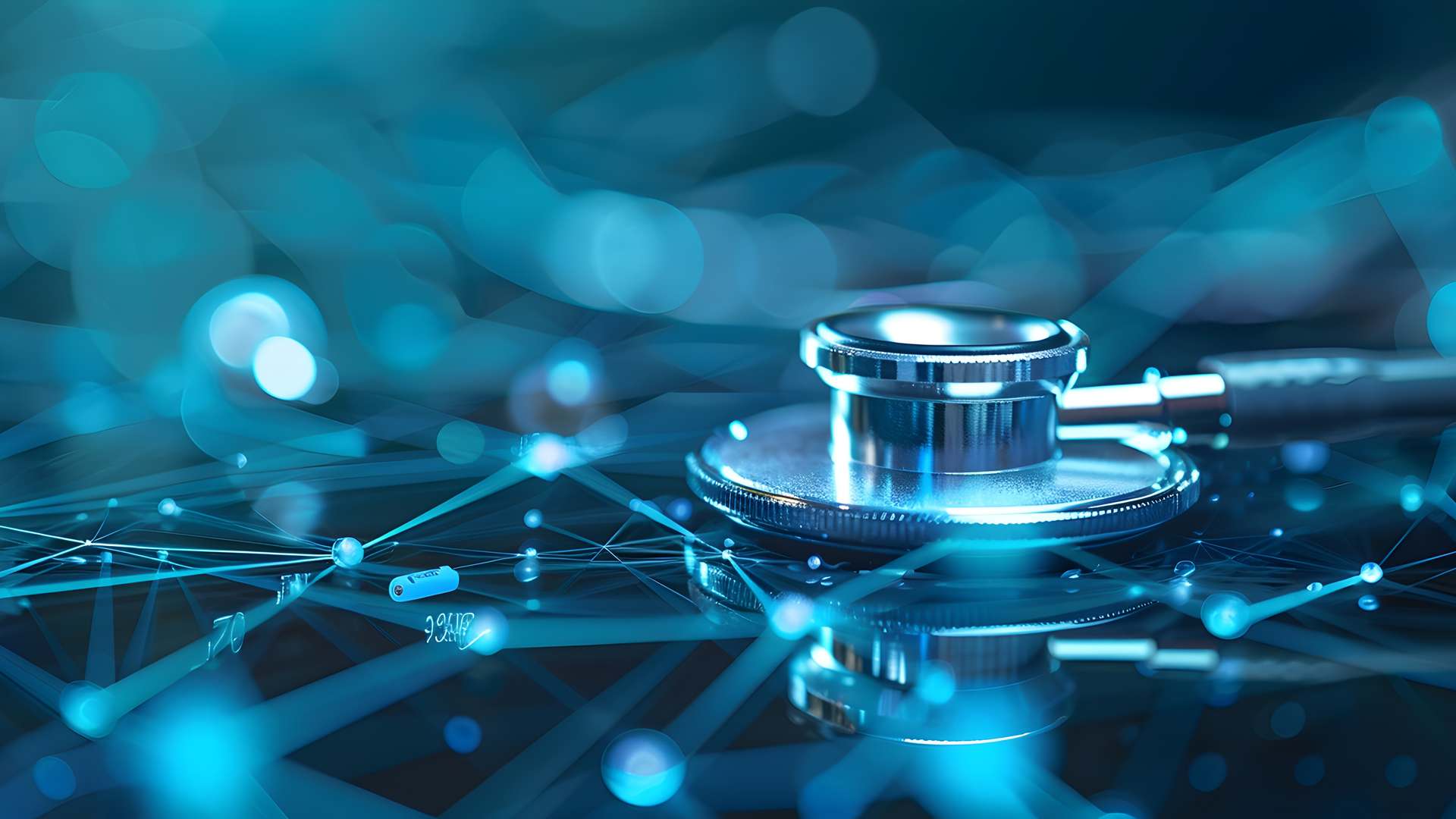 Abstract 3D illustration of a silver stethoscope on a glowing blue digital network background