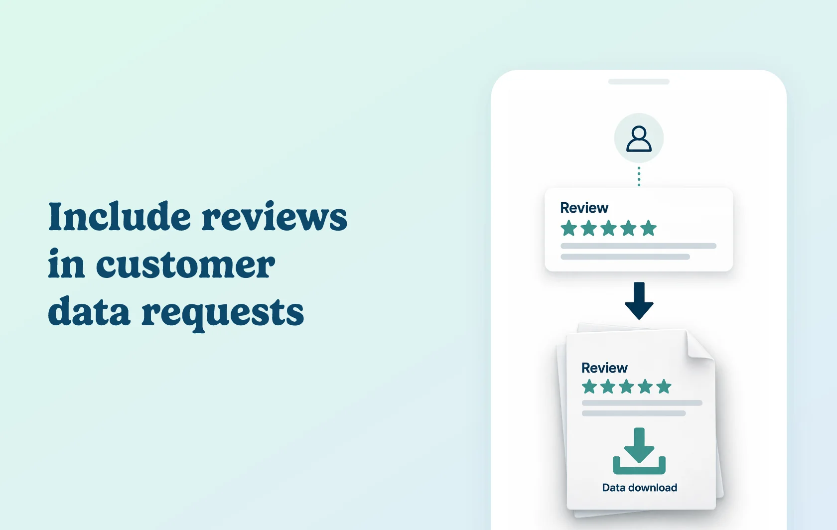 Judge.me and Consentmo integration: illustration of a customer review record flowing into a downloadable data document inside a phone.