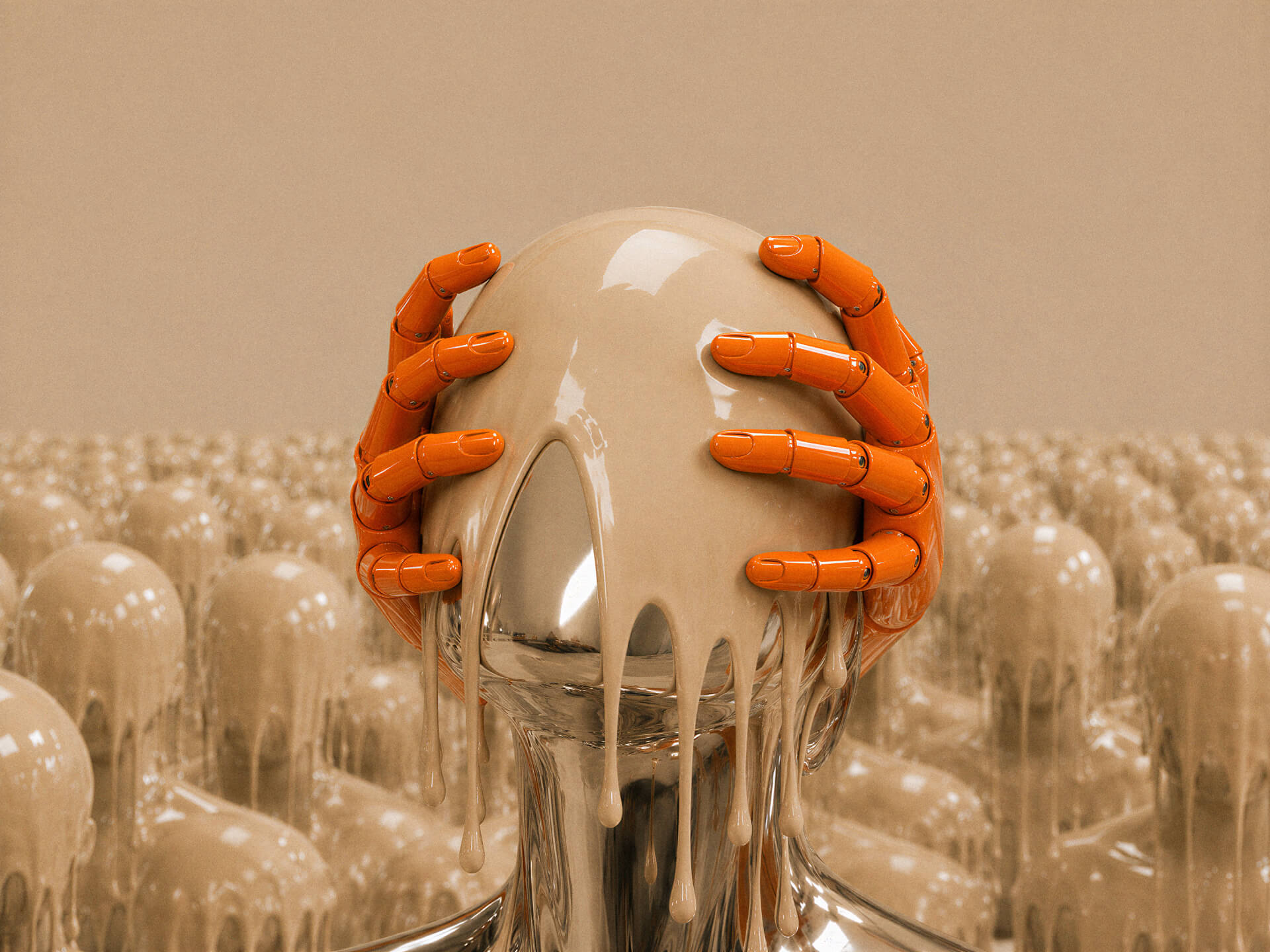 A chrome humanoid head being smothered by glossy beige liquid that drips down its face and neck, gripped from both sides by oversized orange robotic hands. Behind it, rows of identical beige-coated figures recede into the distance, forming an industrial-scale crowd. A sculptural depiction of "The Great Blanding" — Methodborne's name for the visible flattening of design, expertise, and craft produced when AI is used at commercial scale as cover for cowardly business decisions.