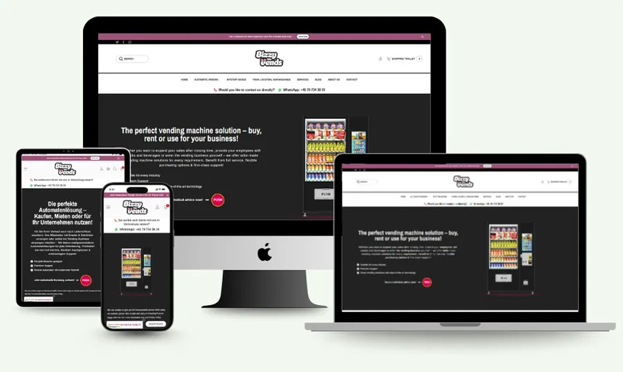 Responsive web design for Dizzy Vends shown on desktop, laptop, tablet, and mobile devices