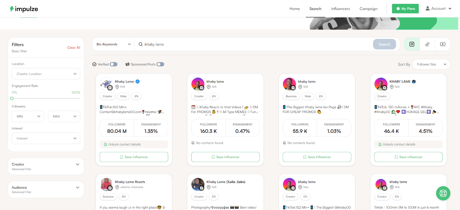 Search for an Influencer on Impulze.ai