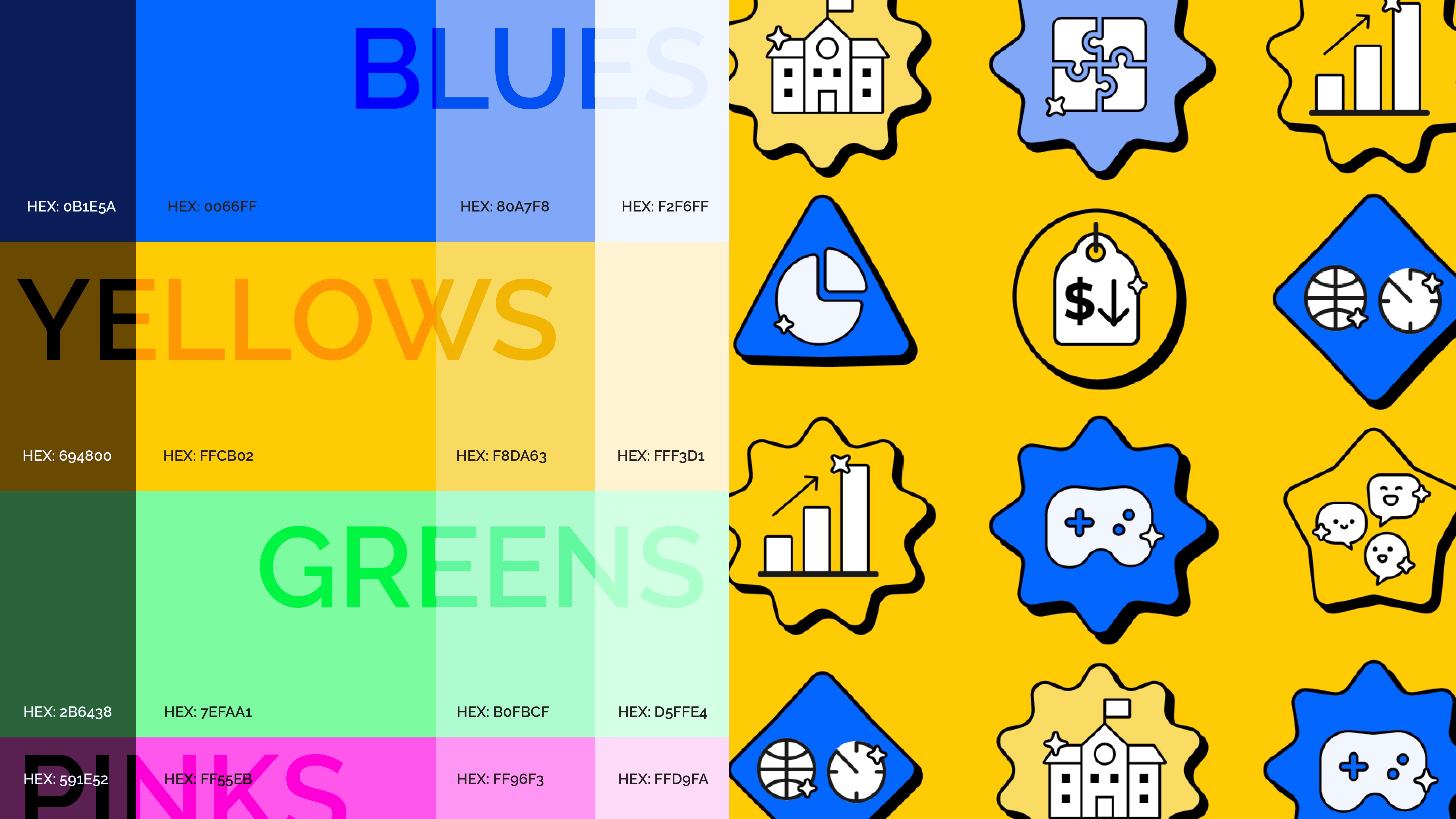 A bright yet balanced colour palette using shades of blue, yellow, green, and pink, paired with simple, playful iconography. Subtle four-corner star details add warmth and maintaining consistency across the experience.