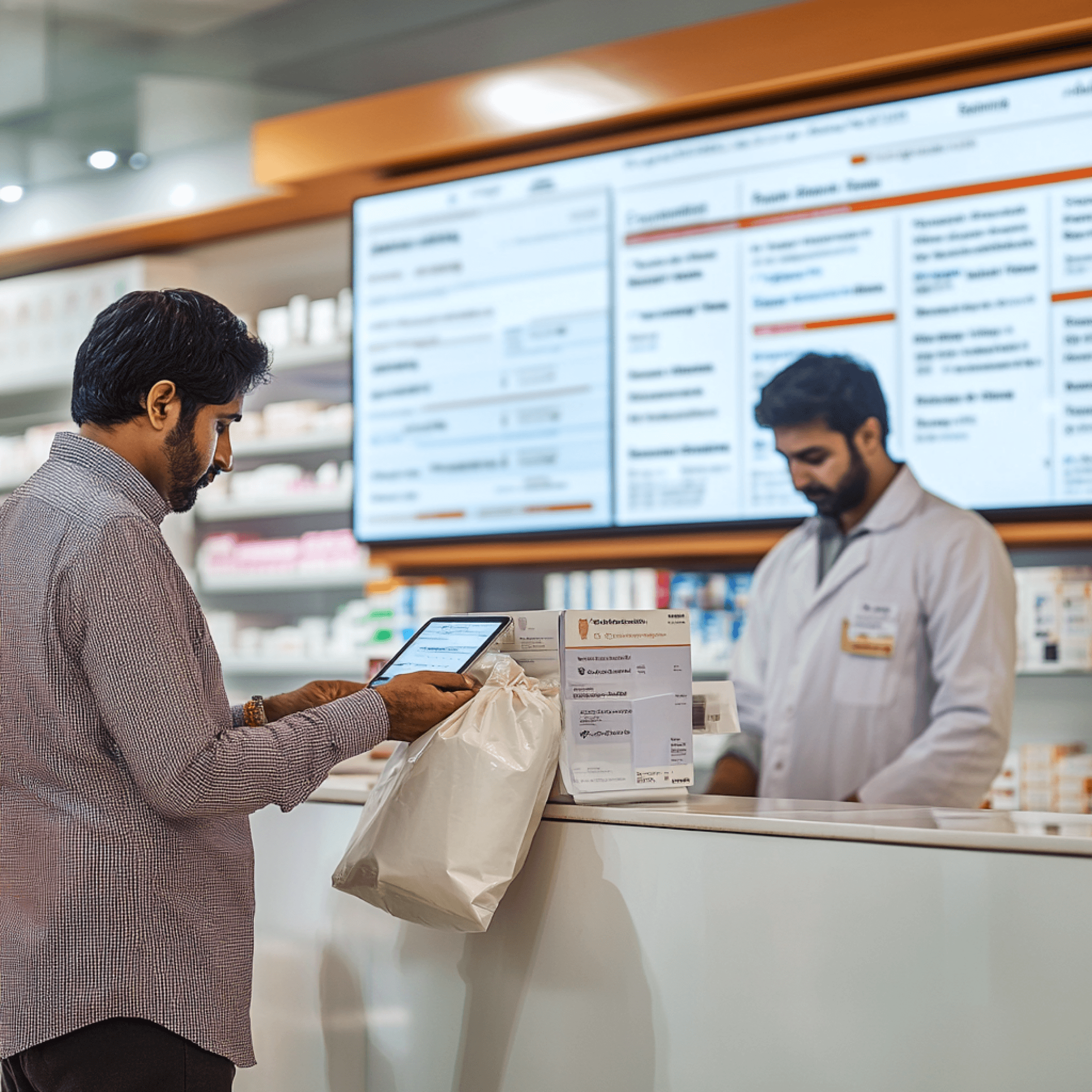 A customer at a modern pharmacy counter using a tablet to review his prescription while a pharmacist in a white coat processes the order, with a digital display showing detailed medication information in the background.