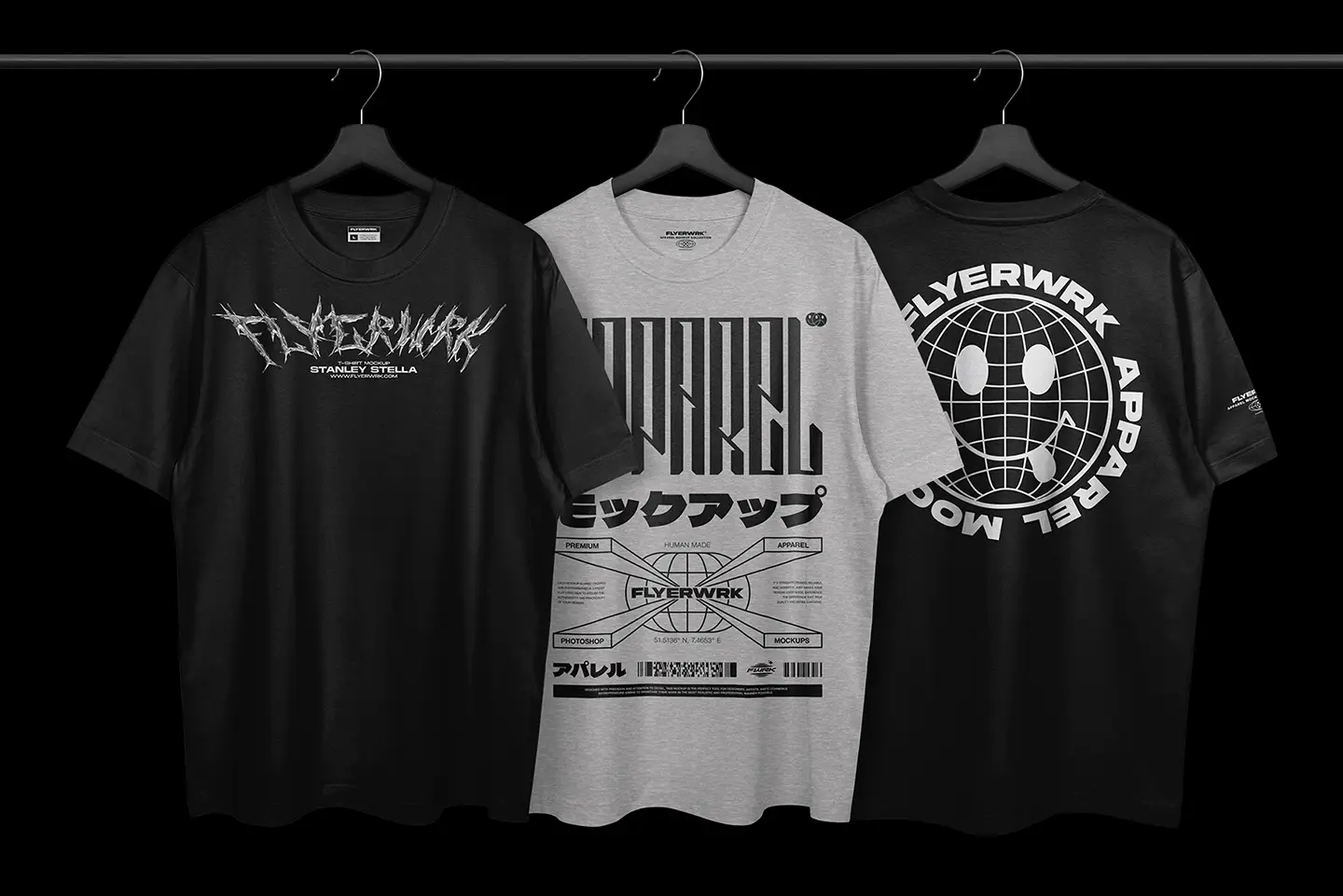 Stanley Stella Freestyler T-Shirt Hanging mockup with multiple design examples