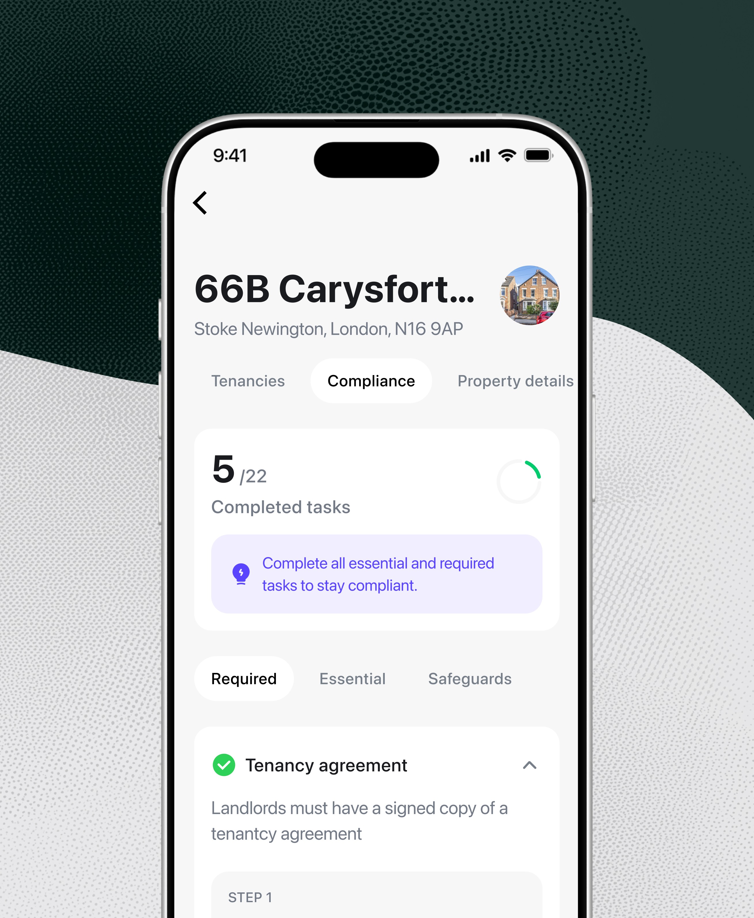 August app showing compliance checklist for a London rental property with 5 of 22 tasks completed, including tenancy agreement and required safety checks
