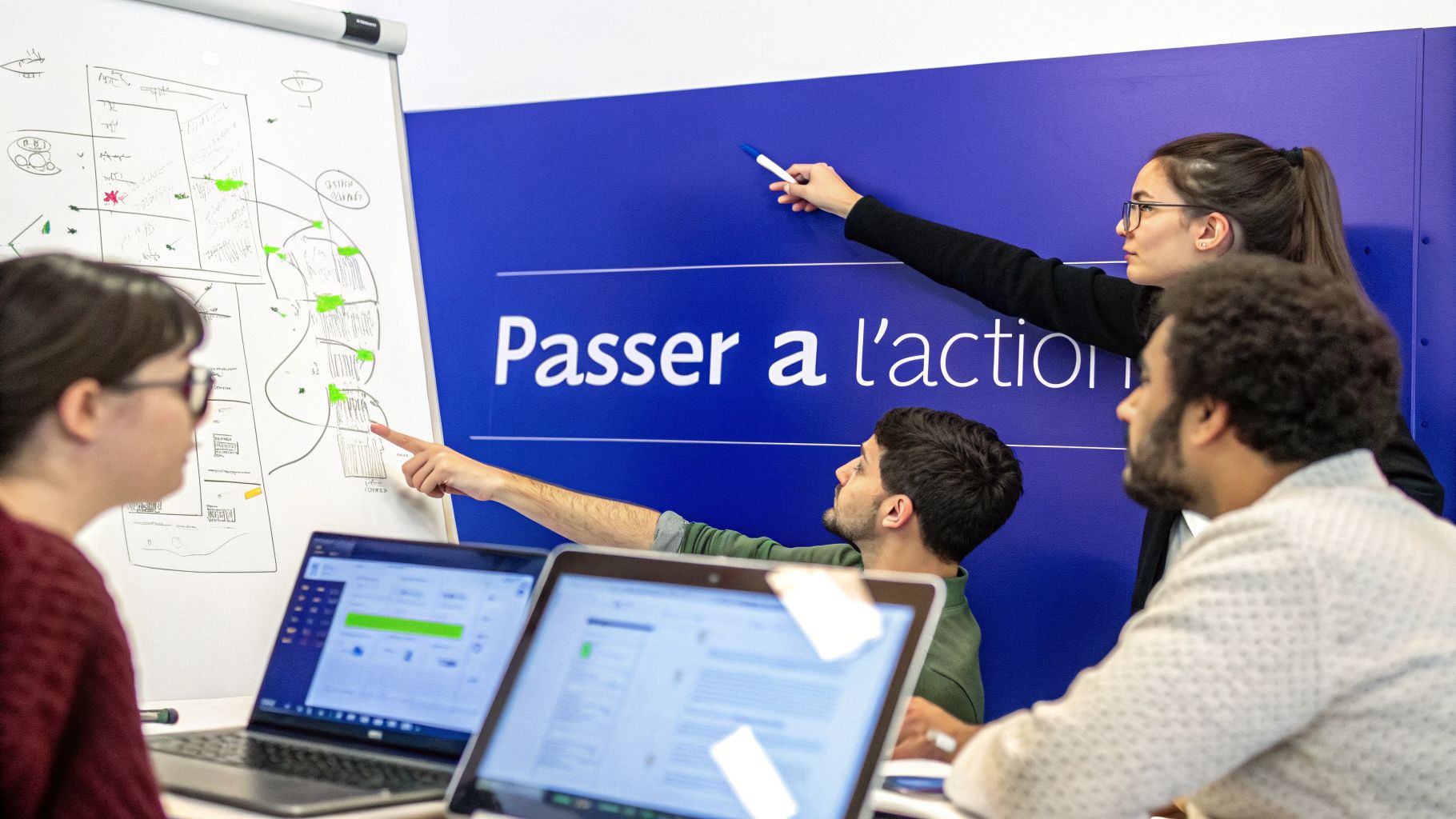 Quatre personnes collaborent activement lors d'une session de formation, avec un tableau blanc et des ordinateurs portables, échangeant des idées.