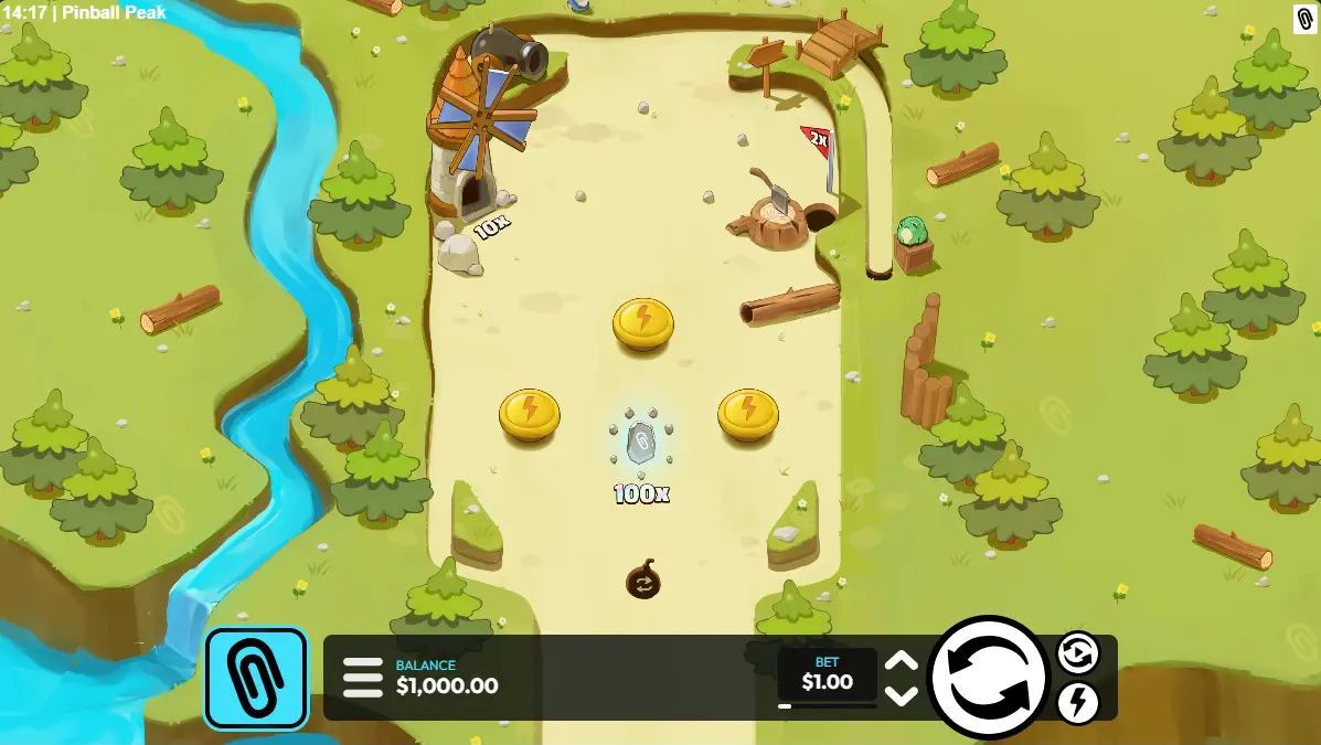 Pinball Peak — plateau officiel avec moulin, bumpers et rune centrale