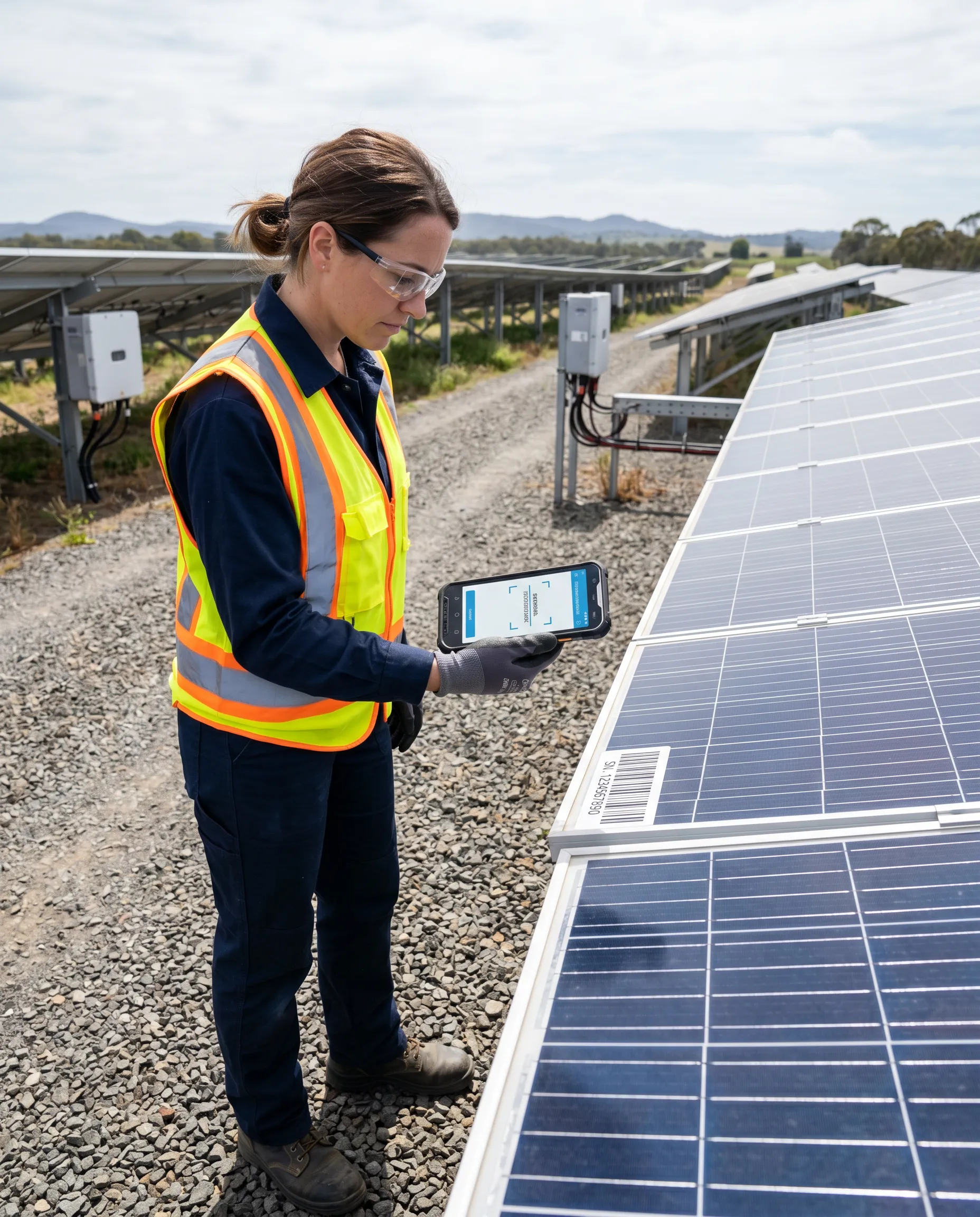 A woman works on a laptop displaying a global solar operations dashboard, seated at a desk in a bright office with solar panels visible outside the window.