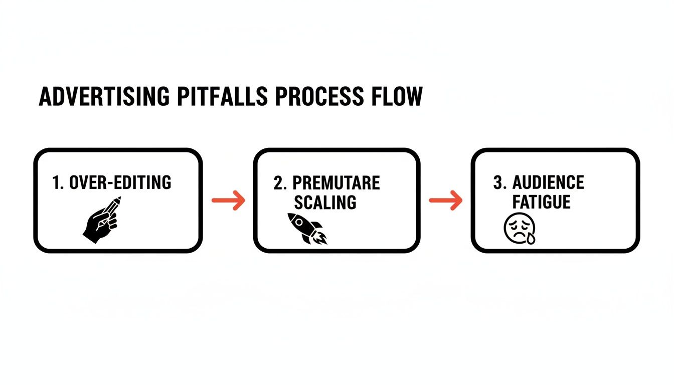 A diagram illustrating common advertising pitfalls process flow: over-editing leading to premature scaling, then audience fatigue.