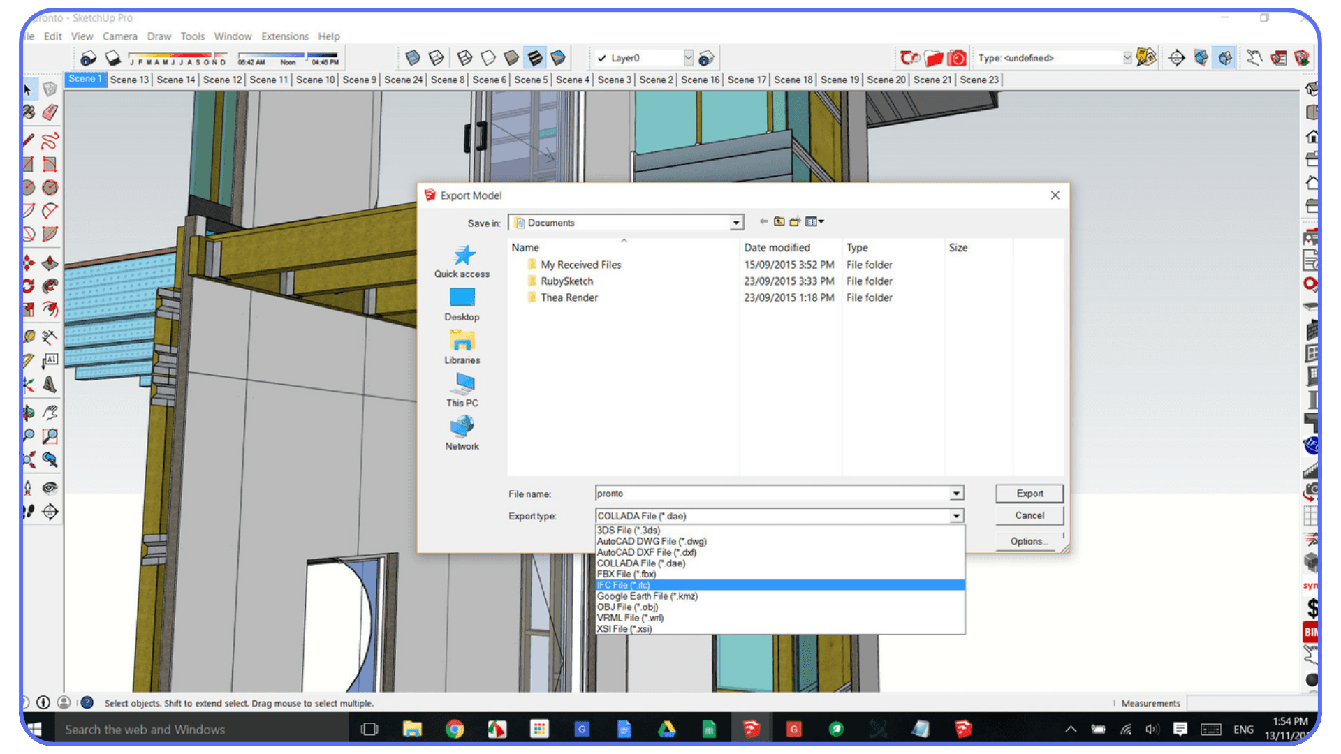 SketchUp export dialog showing different file format options, including COLLADA, OBJ, and DWG.