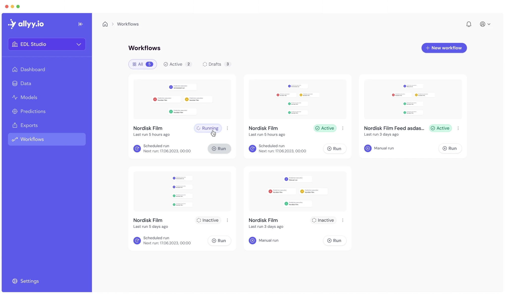 User interface of the Allyy.io dashboard displaying active and draft workflows in an organized layout with a purple side navigation bar.