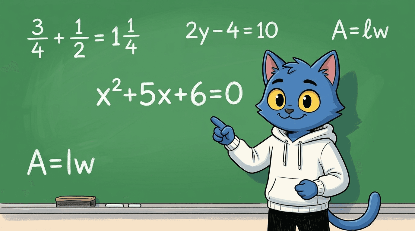 Blue cartoon cat in a white coat pointing at a chalkboard with algebra equations: x²+5x+6=0, 2y−4=10