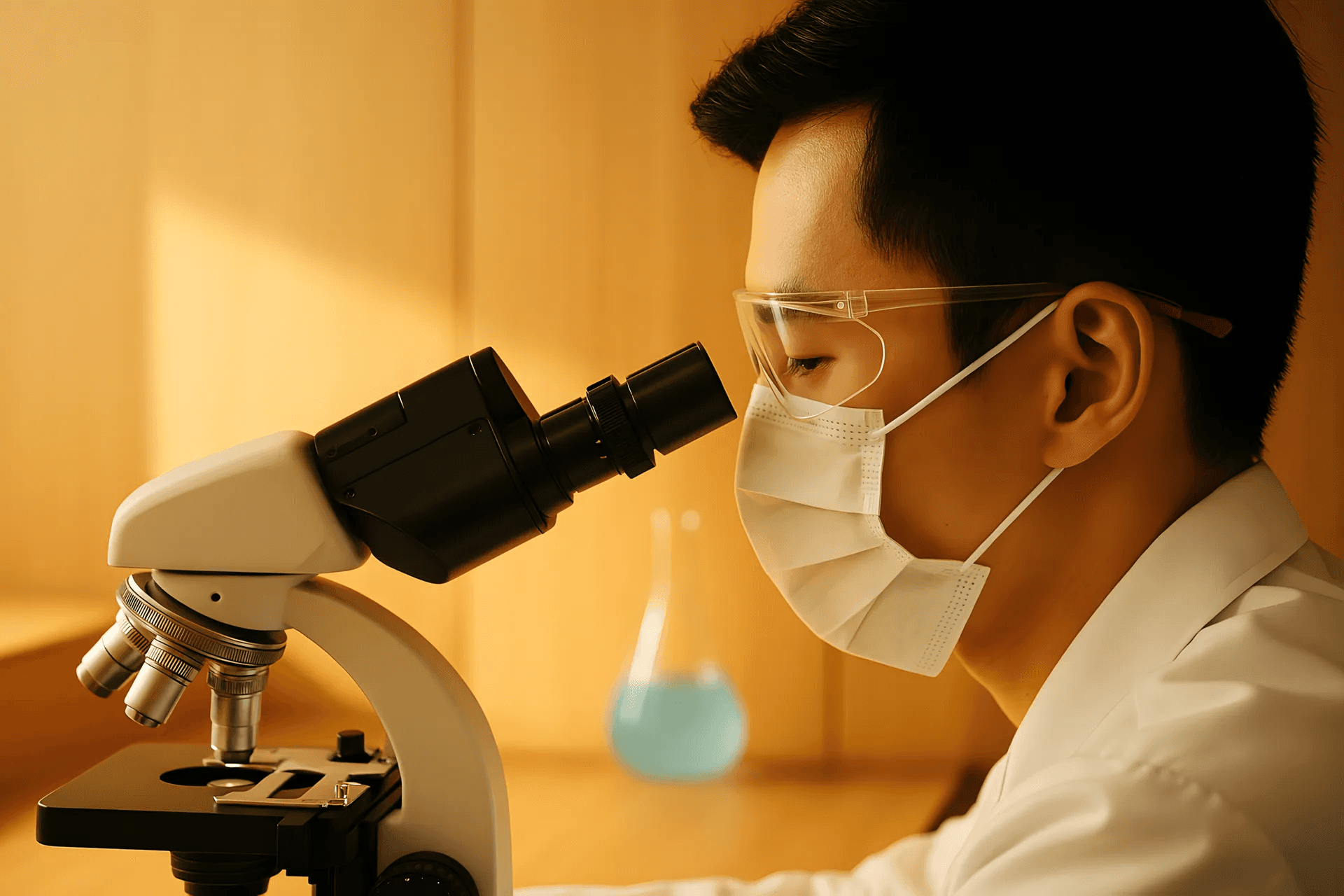 Male scientist wearing safety goggles and a face mask observing a specimen through a microscope in a laboratory setting.