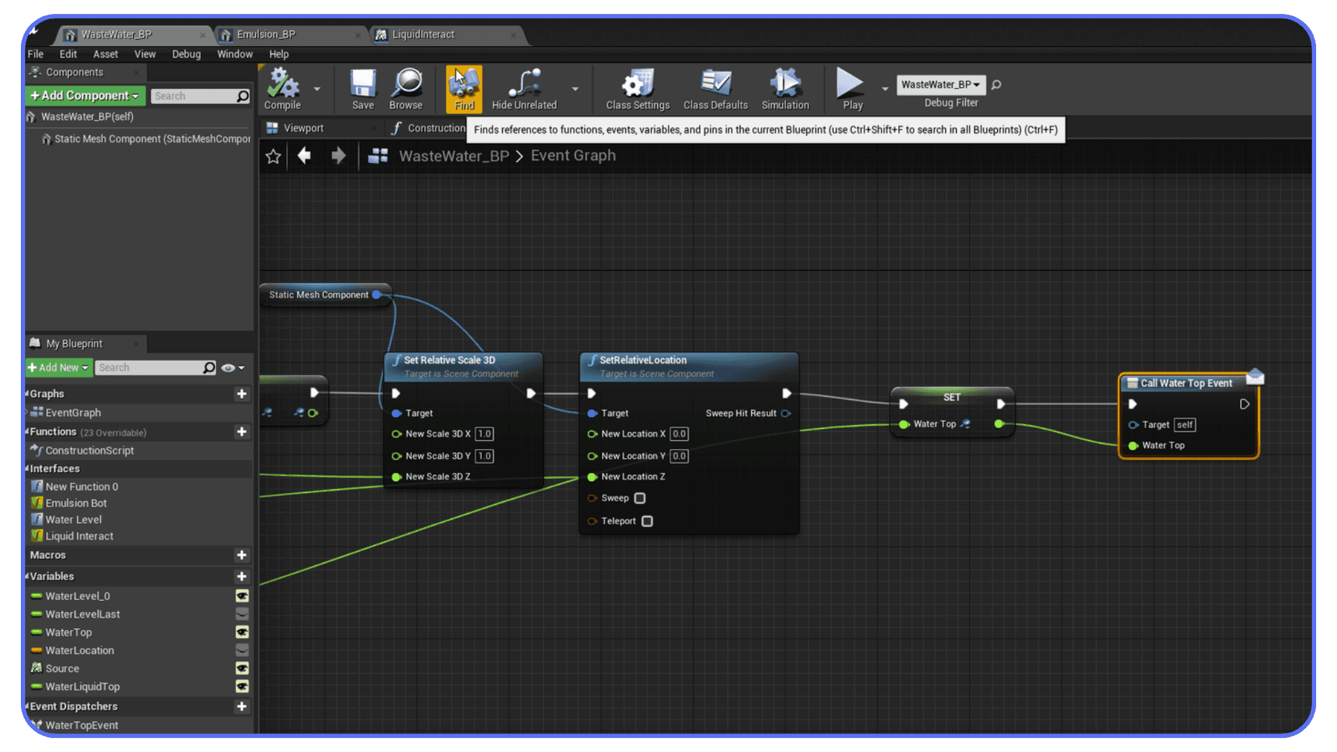 Unreal Engine Blueprint graph controlling water level and interaction logic