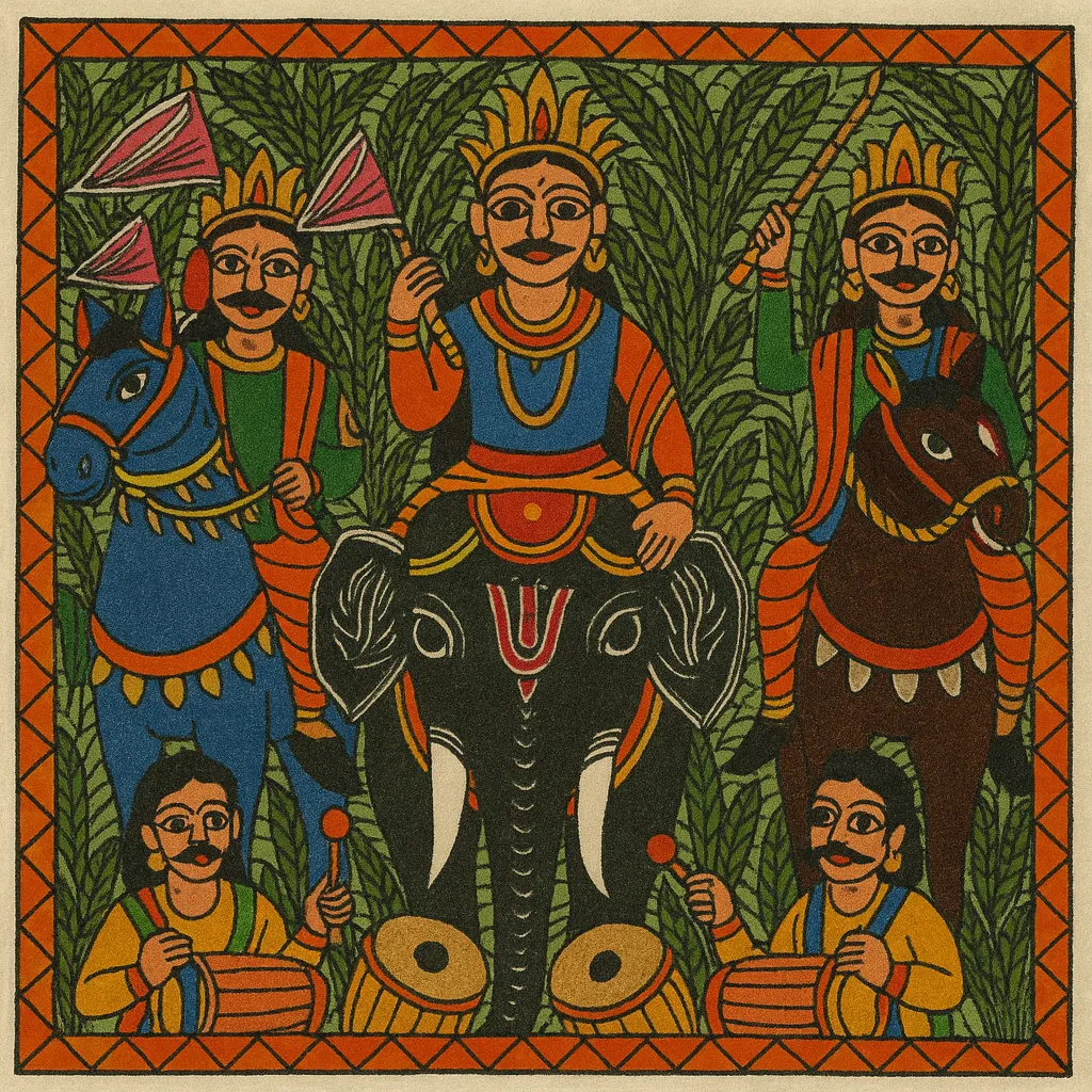 Raja Salhesh on elephant with his army on horses.