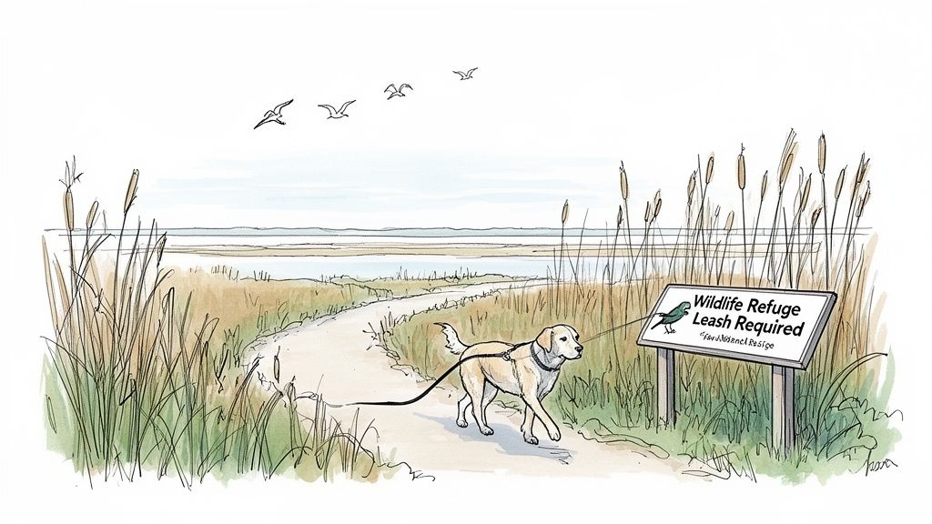 A leashed dog walks on a path in a wildlife refuge with a 'Leash Required' sign.