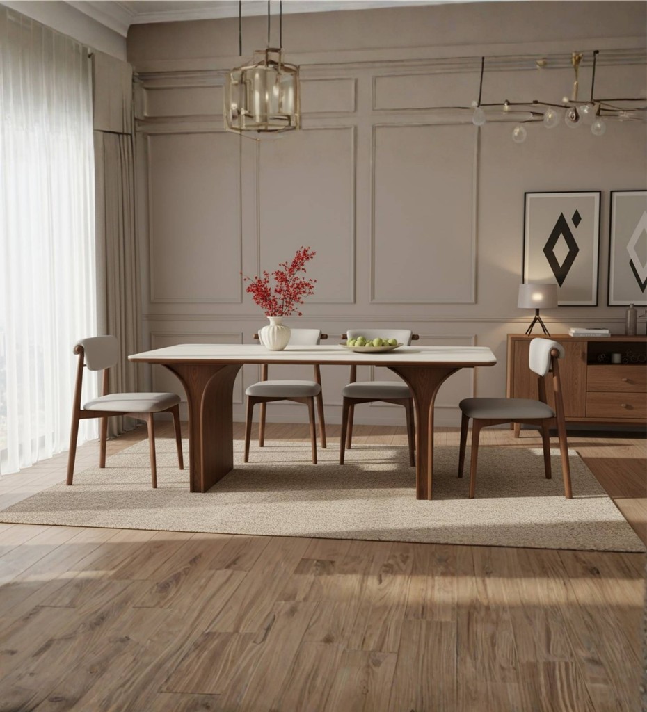 Luxury contemporary sofa with neutral fabric upholstery and exposed wooden frame