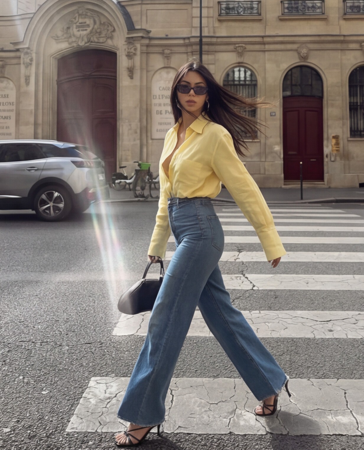 Yellow Cropped Blouse with High-Waist Blue Jeans