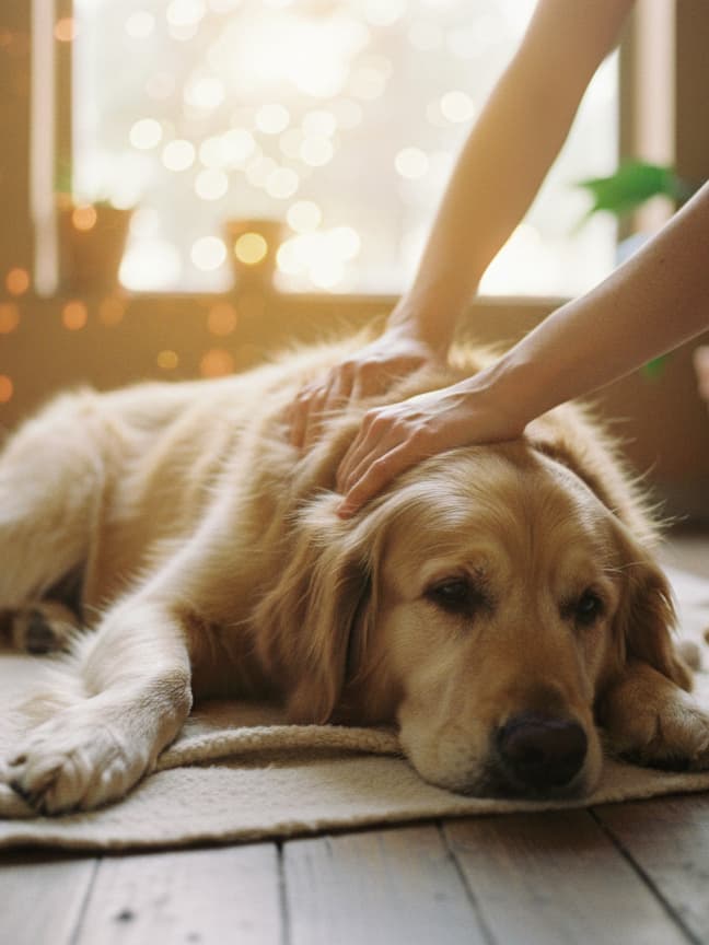 CranioSacral Therapy session for a dog using gentle hands-on bodywork