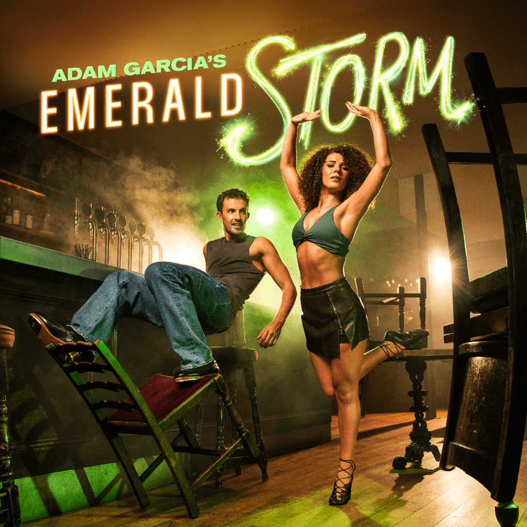Dancers performing in a bar setting for Emerald Storm Westend show poster.