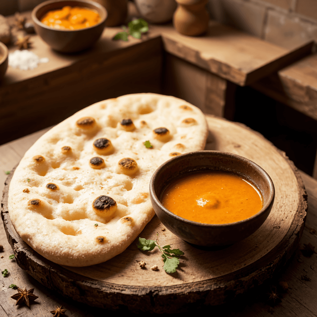 product photography of a plate of naan bread with curry sauce