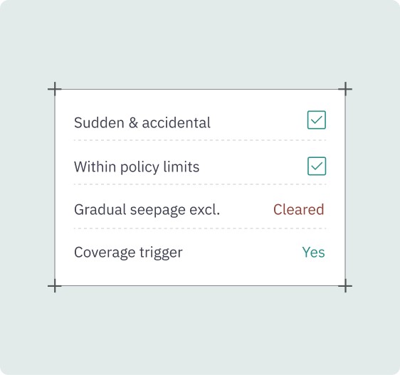 Insurance exclusion details: Sudden & accidental, Within policy limits, Gradual seepage excl. Cleared, Coverage trigger Yes.