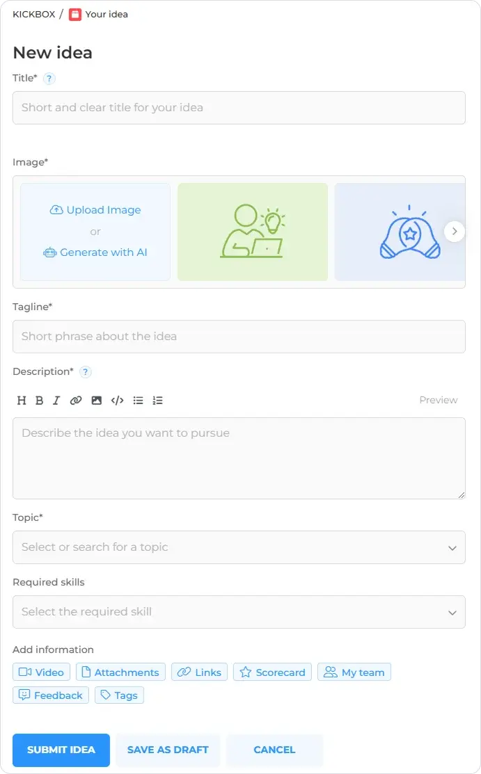 Online form interface for submitting a new idea, including fields for title, image, tagline, description, topic, and skills.