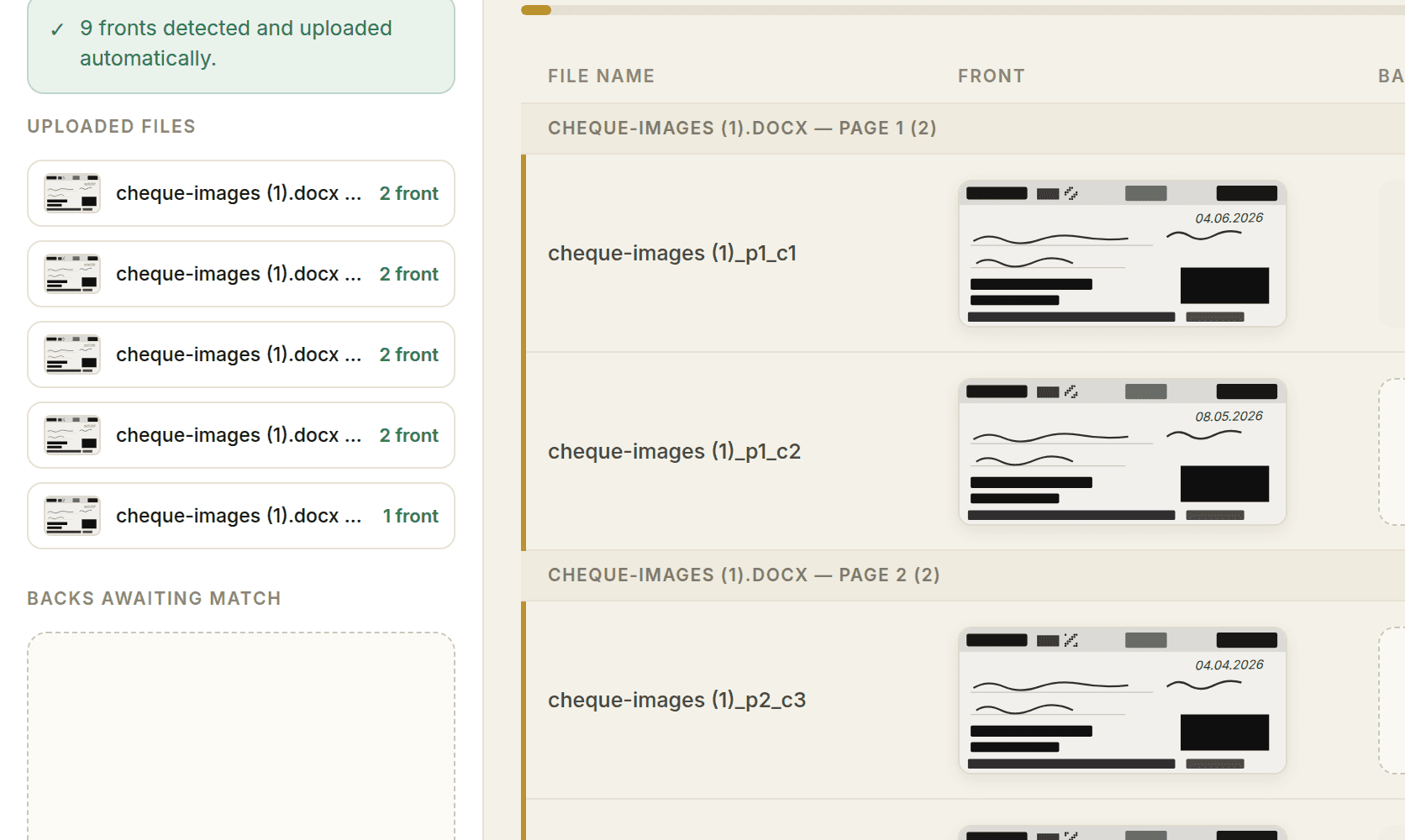 Cheque fronts detected and listed on arrival