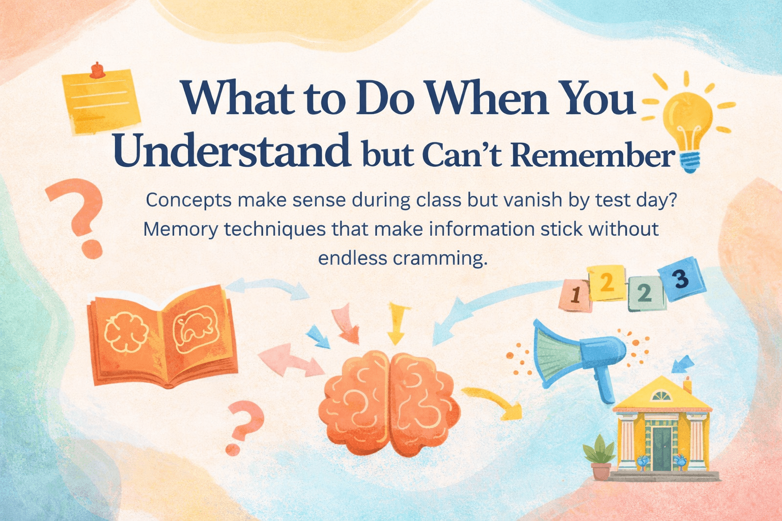 What to Do When You Understand but Can't Remember, illustrated brain and lightbulb showing how memory techniques help.