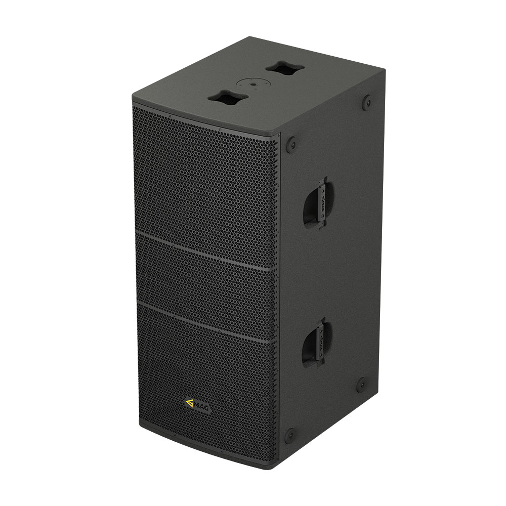 Black PA speaker with visible handles and mesh front
