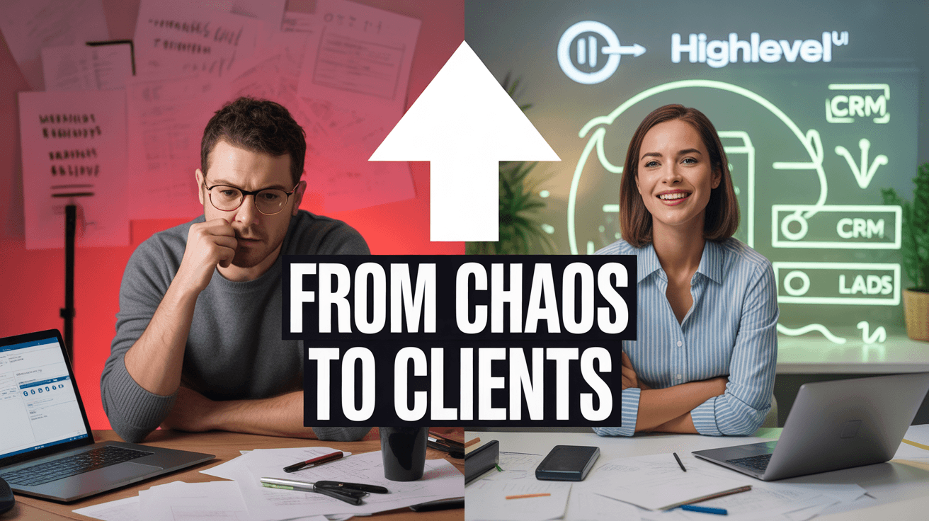 Stressed marketer beside agency pro with From Chaos to Clients headline