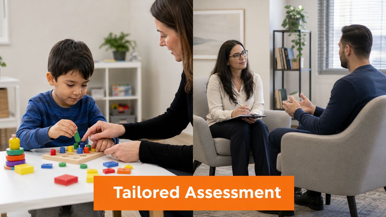 A split image showing a therapist working with a child and another therapist counseling an adult client.