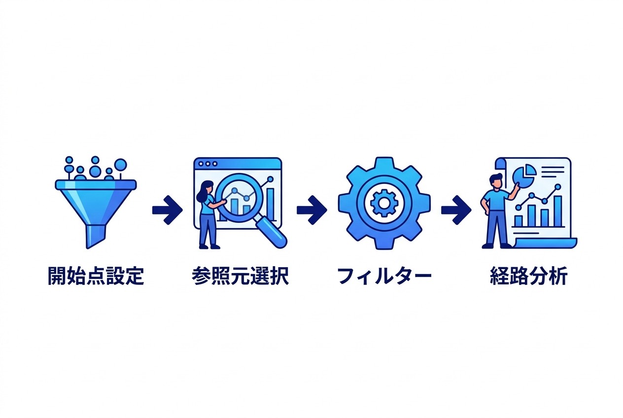 GA4経路データ探索による分析の4ステップ。開始点とゴールを設定後、参照元別にフィルターをかけて具体的なユーザー導線を把握する。設定から分析まで約15分で完了。