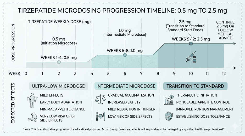 Tirzepatide microdosing week-by-week timeline with expected effects at each dose level