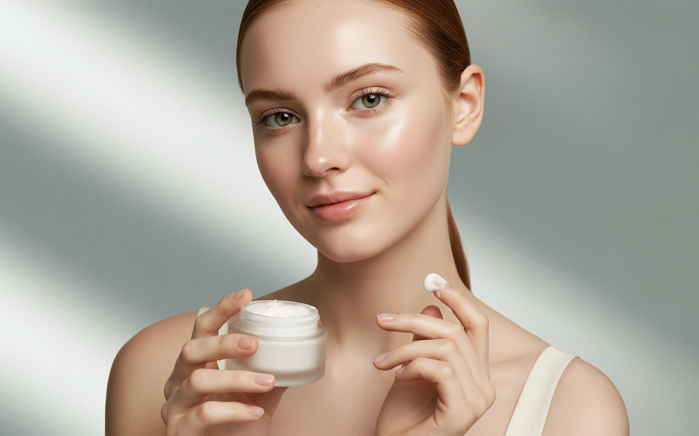 A young woman with glowing skin applies cream in a calm, minimalistic setting, demonstrating a skincare routine.