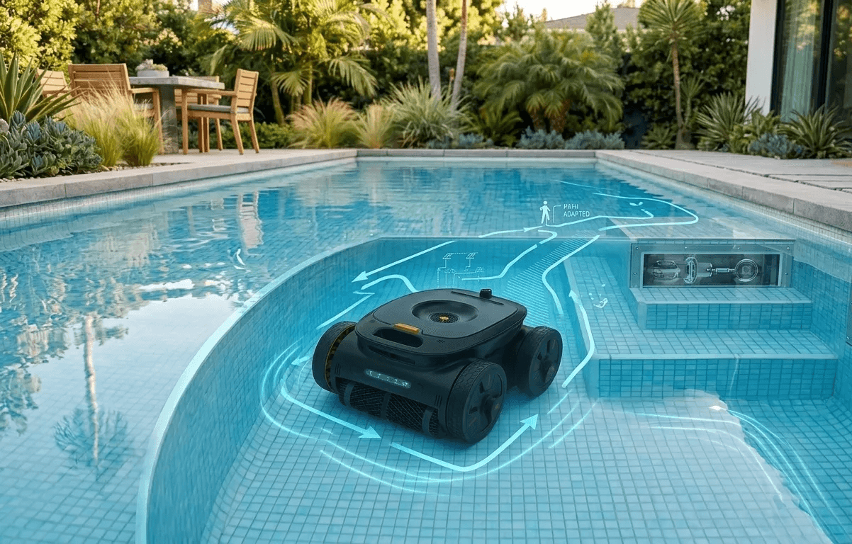 Purily Hydro robotic pool cleaner operating in complex pool environments