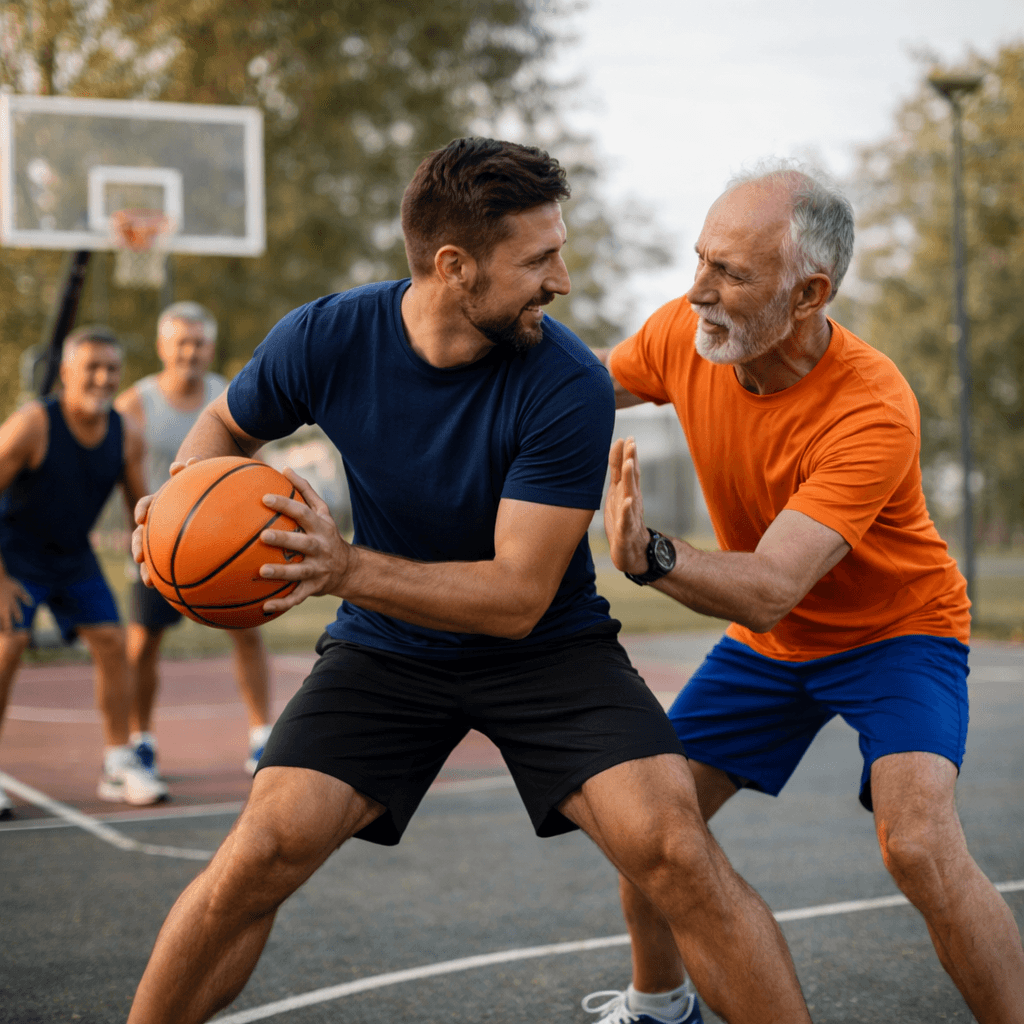 middle aged and older adult men playing basketball