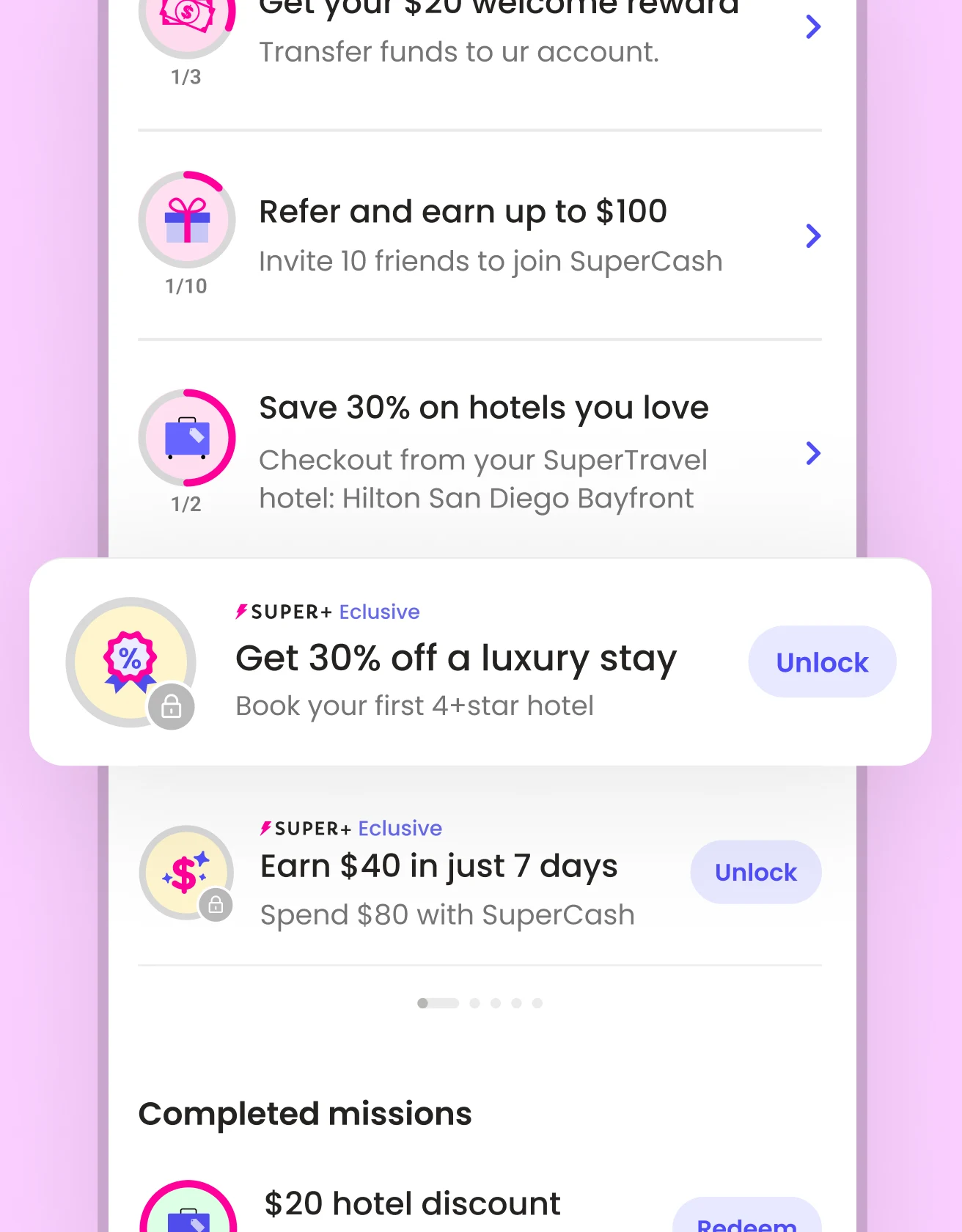 UI mockup of Super.com’s Missions showing exclusive Super+ rewards like 40% off luxury stays and $40 cashback, demonstrating how tiered missions encouraged upsells and deeper engagement.